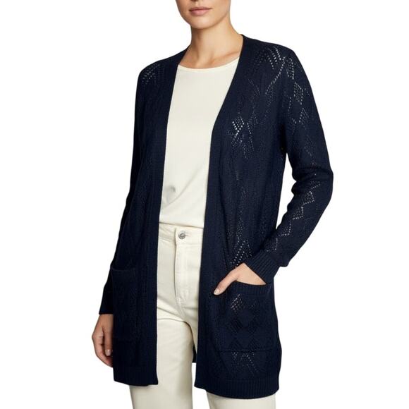 Market & Spruce Cecily Pointelle Open Duster Cardigan Blue NWT Size Small - Picture 1 of 10